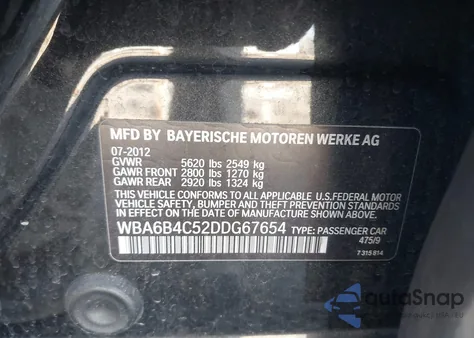 2013 BMW 650I Gran Coupe xDrive z USA, uszkodzony, nr VIN WBA6B4C52DDG67654